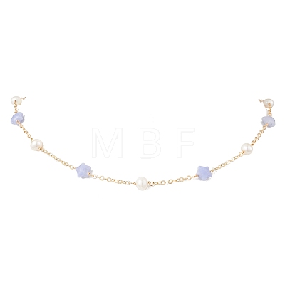 Synthetic Blue Lace Agate Star & Natural Freshwater Pearl & Brass Link Chain Necklaces NJEW-JN05687-02-1