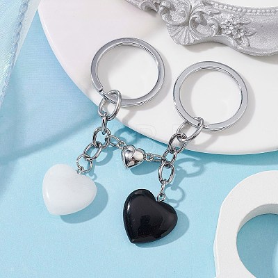 Natural Black Stone & Natural White Jade Heart Keychains KEYC-JKC00548-1