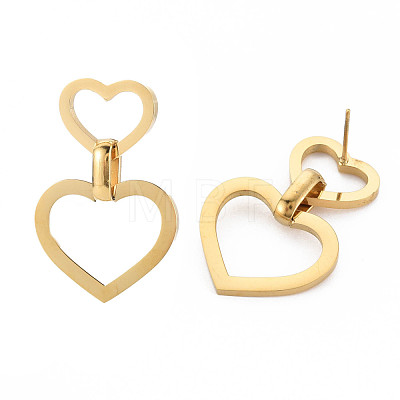 304 Stainless Steel Double Heart Dangle Stud Earrings for Women EJEW-N016-015LG-1