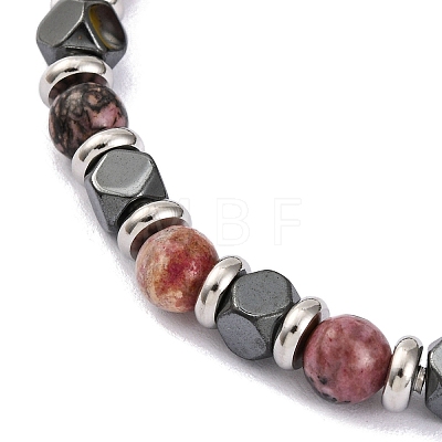 Natural Rhodochrosite & Magnetic Synthetic Hematite Round Beaded Bracelet BJEW-P339-02P-09-1