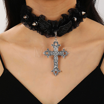 Gothic Lace Alloy Cross Pendant Choker Necklaces for Women WG01279-03-1