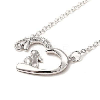 Rhodium Plated 925 Sterling Silver Rabbit with Heart Pendant Necklace with Clear Cubic Zirconia for Women NJEW-E034-02P-1