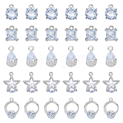 SUPERFINDINGS 30Pcs 5 Styles Alloy Cubic Zirconia Pendants ZIRC-FH0001-48-1