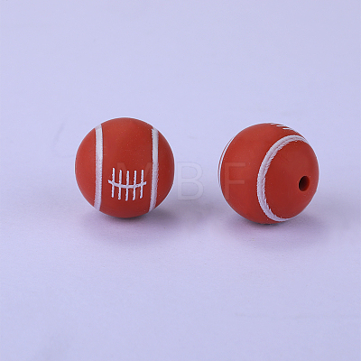 Printed Round with Rugby Pattern Silicone Focal Beads SI-JX0056A-111-1