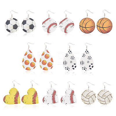 8 Pairs 8 Styles Baseball & Basketball & Volleyball PU Leather Dangle Earrings EJEW-AN0001-39-1