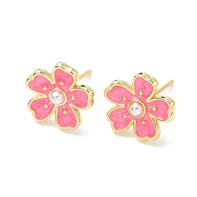 Flower Brass & ABS Plastic Pearl Stud Earrings EJEW-P336-07G-07-1