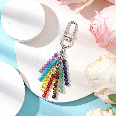 Chakra Natural Amethyst & Tiger Eye & Lapis Lazuli & Green Aventurine & Quartz Crystal & Carnelian & Synthetic Turquoise Pendant Decoration HJEW-TA00295-1