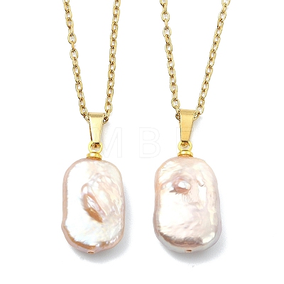 Natural Baroque Keshi Pearl Rectangle Pendant 304 Stainless Steel Cable Chain Necklaces for Women NJEW-JN06136-1