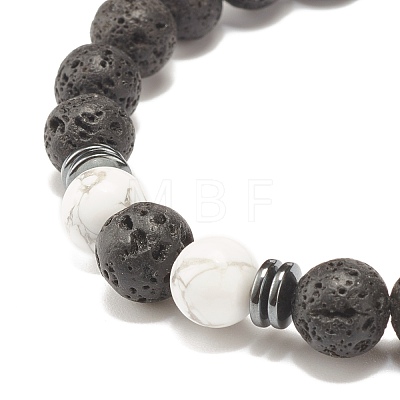 Natural Lava Rock Round Beaded Stretch Bracelet with Howlite BJEW-JB07581-02-1