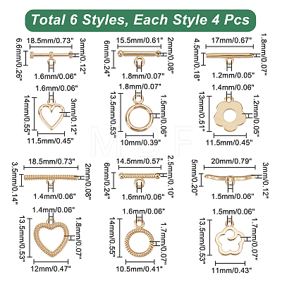 24Pcs 6 Styles Rack Plating Brass Toggle Clasps KK-DC0001-45-1