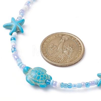 Synthetic Turquoise Starfish & Turtle & Seed Beaded Necklace for Women NJEW-JN04482-01-1