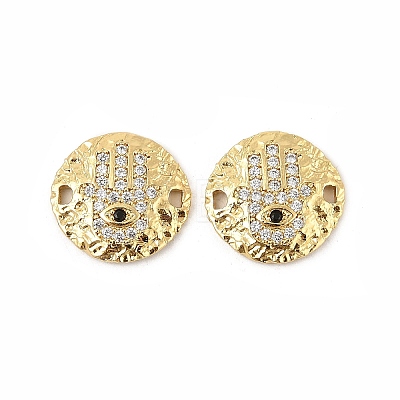 Brass Micro Pave Clear Cubic Zirconia Disc with Hamsa Hand Connector Charms KK-P300-24G-01-1