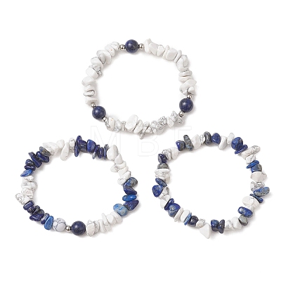3Pcs Natural Lapis Lazuli & Synthetic Howlite Chip Beaded Stretch Bracelets for Women BJEW-JB12959-1
