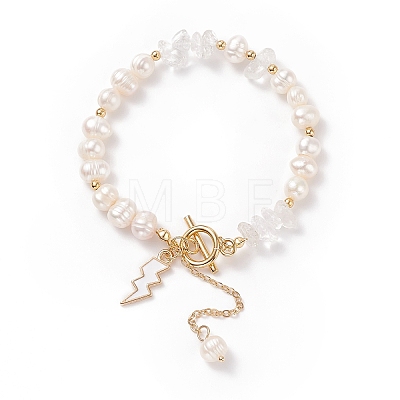 Natural Mixed Stone Chips & Pearl Beaded Bracelet with Enamel Lighting Bolt Charms BJEW-JB08332-M-1