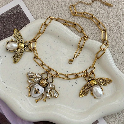 Alloy Crystal Rhinestone Bees Pendant Bib Pendant Necklaces with Imitation Pearl FS-WGD3FB1-01-1