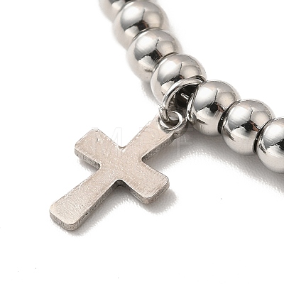 304 Stainless Steel Cross Charm Bracelet with 201 Stainless Steel Round Beads for Women BJEW-B057-24P-1