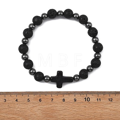 Natural Lava Rock & Synthetic Turquoise & Non-magnetic Hematite Cross & Round Beaded Stretch Bracelets for Women Men BJEW-JB13930-1