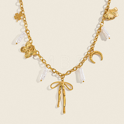 Summer Beach 304 Stainless Steel Bowknot Clover Pendant Necklaces with Imitation Keshi Pearl Tassel for Women LH7473-1