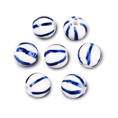 Hand Painted Blue and White Striped Round Porcelain Beads PORC-Q007-01A-1