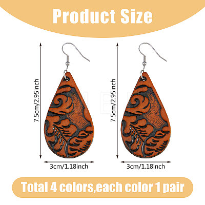 FIBLOOM 4 Pairs 4 Colors PU Leather Dangle Earrings with Steel Iron Pins EJEW-FI0003-09-1