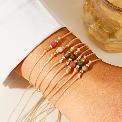 Casual Brass Bead Khaki Wax Thread Semi-Precious Natural Gemstone Bracelets Sets LS-JA4012-1
