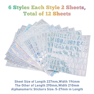 12 Sheets 6 Style Rectangle with Number & Letter Holographic Laser Style Vinyl Stickers STIC-FH0001-01-1