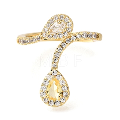 Teardrop Rack Plating Brass Micro Pave Cubic Zirconia Open Cuff Rings for Women RJEW-M022-34G-1