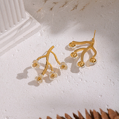 304 Stainless Steel Shell Flower Stud Earrings BV7719-1