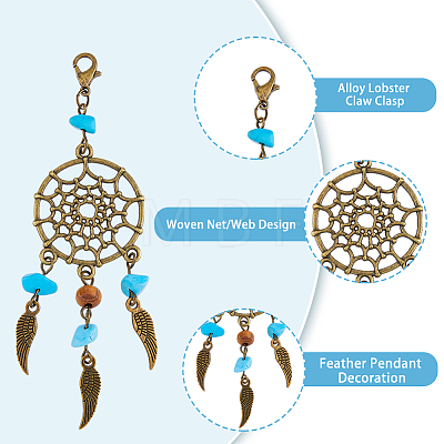 Tibetan Style Alloy & Gemstone Chip Woven Net/Web with Feather Pendant Decoration HJEW-AB00526-1