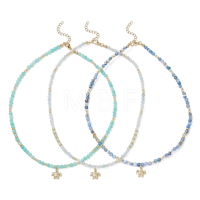 3Pcs 3 Styles Ocean Brass Turtle Pendant Faceted Round  Natural Aquamarine & Amazonite & Dyed Agate Beaded Necklaces NJEW-JN05736-1