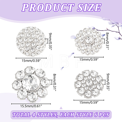 AHADERMAKER 24Pcs 4 Styles 1-Hole Alloy Rhinestone Shank Buttons BUTT-GA0001-18-1