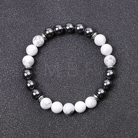 Synthetic Howlite &  Non-magnetic Hematite Round Beads Stretch Bracelets for Women Men KJ2327-9-1