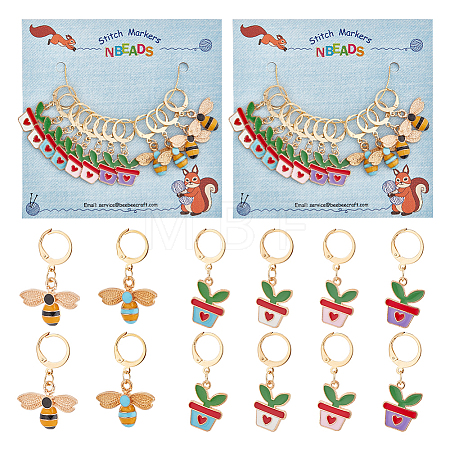 Alloy Enamel Bee & Leaf Planter with Heart Pendant Locking Stitch Markers HJEW-AB00042-1