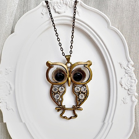 Vintage Alloy Rhinestone Hollow Carved Owl Pendant Necklaces for Women TQ3246-5-1