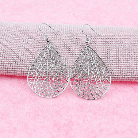 Teardrop with Hollow Leaf Pattern Brass Dangle Earrings FS-WG94C34-01-1
