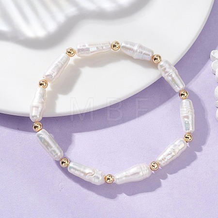 Natural Baroque Keshi Pearl & Brass Beaded Stretch Bracelets for Women BJEW-JB13685-1