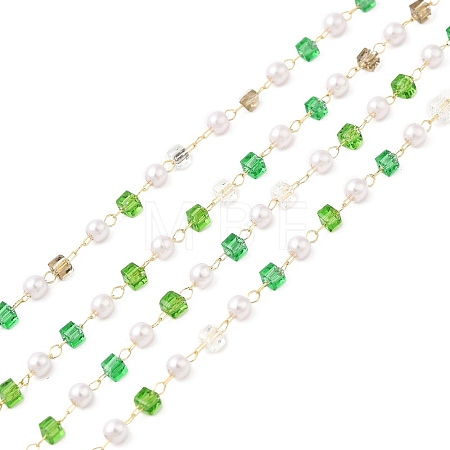 Faceted Cube Glass & ABS Plastic Imitation Pearl Beaded Chains CHS-G026-02KCG-01-1-1