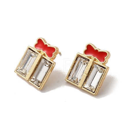Christmas Enamel Bowknot Gift Box Alloy Glass Stud Earrings for Women EJEW-E284-07LG-1