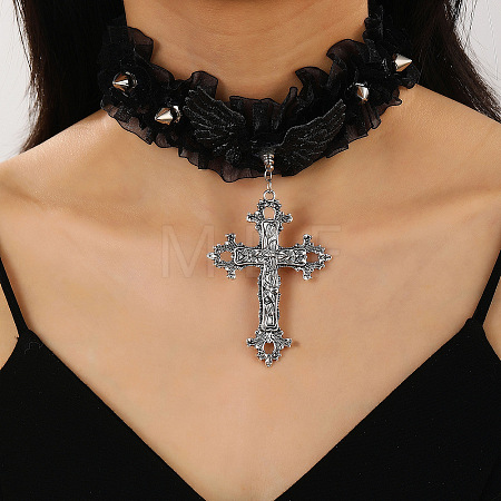 Gothic Lace Alloy Cross Pendant Choker Necklaces for Women WG01279-03-1