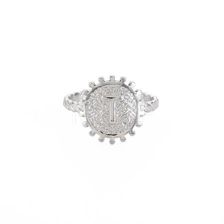 Non-Tarnish 304 Stainless Steel Flat Round with Initial Letter Open Cuff Ring for Men Women RJEW-S405-246P-T-1