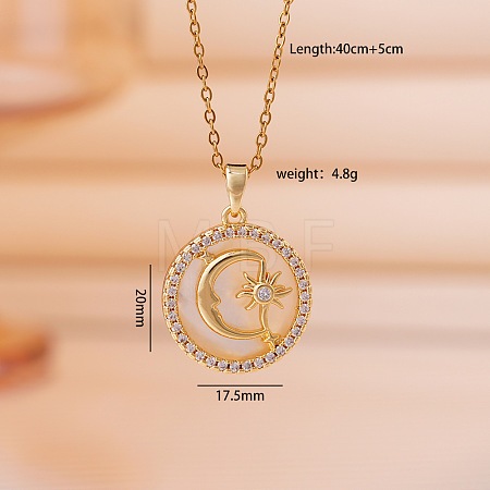 Brass Micro Pave Clear Cubic Zirconia with Natural White Shell Pendant 304 Stainless Steel Cable Chain Necklaces for Women WGAF233-09-1