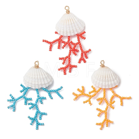 3Pcs Glass Seed Beaded & Clam Shell Big Pendants PALLOY-MZ01152-1