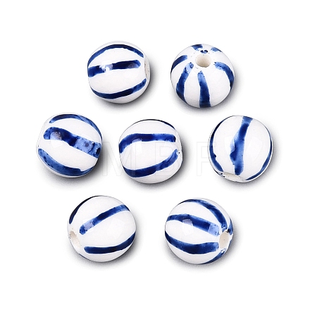 Hand Painted Blue and White Striped Round Porcelain Beads PORC-Q007-01A-1