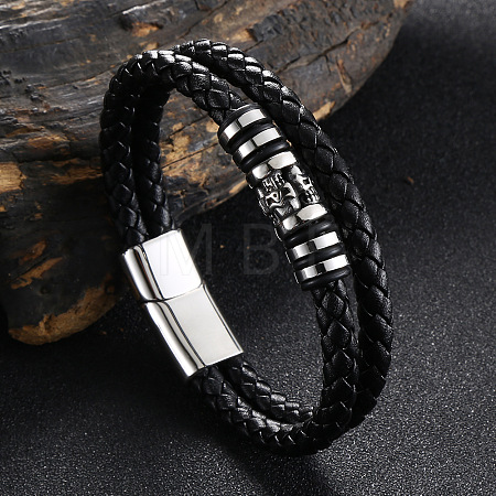 Stainless Steel Skull Beaded Leather Double Layer Multi-strand Bracelet SKUL-PW0004-26C-01-1