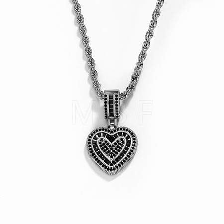 Brass Micro Pave Black Clear Cubic Zirconia Heart Pendant Rope Chain Necklaces for Women FS-WG43ED0-07-1