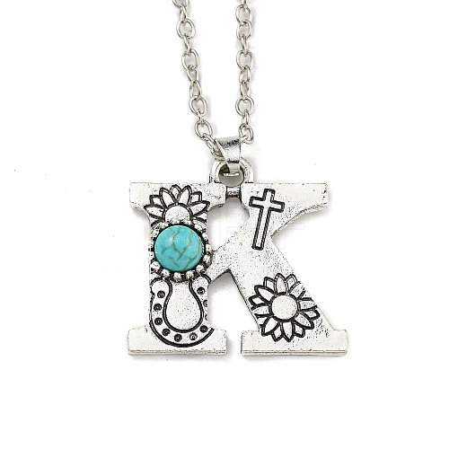 Letter A~Z Antique Silver Plated Alloy with Synthetic Turquoise Pendant Necklace NJEW-G080-01K-1