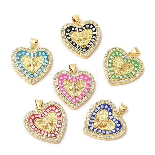 Heart with Corss Brass Micro Pave Cubic Zirconia Pendants KK-K385-040G-1