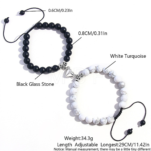 2 Pcs Synthetic Black Stone & Howlite Couple Bracelets with Heart Magnetic Attraction EH4505-2-1