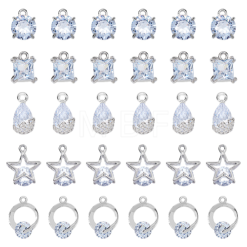 SUPERFINDINGS 30Pcs 5 Styles Alloy Cubic Zirconia Pendants ZIRC-FH0001-48-1