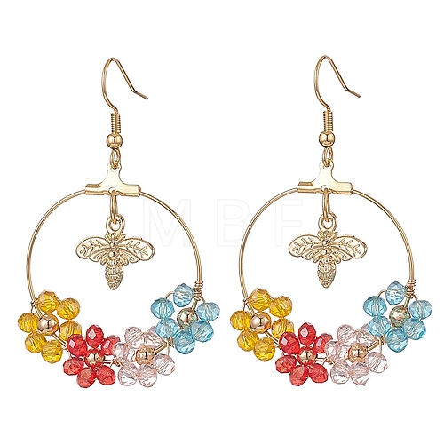 Glass Beaded Flower & Alloy Bee Dangle Earrings EJEW-JE05218-01-1